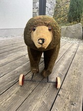 STEIFF VORKRIEGS- BÄR auf HOLZ-Rollen, Aufzugs- Brummbärstimme,