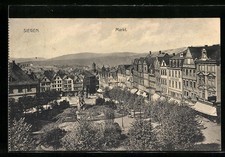 Siegen, Markt mit Geschäften, Apotheke und Denkmal, Ansichtskarte 1913 