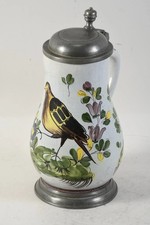 !!!! Fayencekrug Schrezheim um 1800 mit Vogelmalerei & Zinnmontierung, 18 Jh.