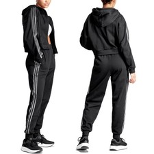 Adidas Damen Jogginganzug Trainingsanzug Crop Jacke Hoodie Hose schwarz silber