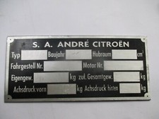 Typenschild Citroen Schild ID-plate plaque s104 HY ID DS 2CV CX SM ZX GS AMI xm