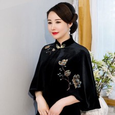 Damen Samt Bolero Schulterjacke Schal Velour Mantel Bestickt Blumen Cape Party