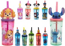 3D Kinder Trinkbecher Becher mit Strohhalm u. Deckel 360ml Tolle Figuren