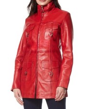 Damen & Rot Reißverschluss Leder Mantel Jacke Mittellang Modisch Freizeit