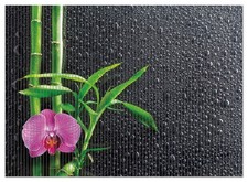 Wallario Duschmatte Bad Teppich Vorleger Bambus pinke Orchidee schwarzem Glas