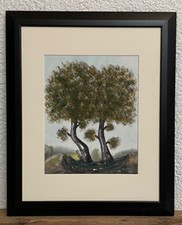 BÄUME original Aquarell Zeichnung mit Rahmen Baum Landschaft 