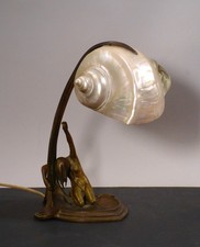 rh2/9  Gustav Gurschner  Jugendstil Tischleuchte mit Perlmuttmuschel Wien ~ 1910