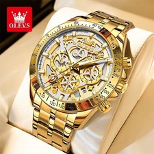 Herrenuhr Gold Quarzuhr Chronograph Datum Wasserdicht Leucht Luxus Uhr 44m