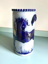 Große, seltene Bodenvase Steinzeug Keramik blau grau, Pferdemotiv, glasiert