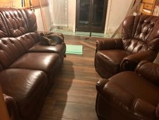 Ledercouch Echtleder, Cognac, 3-Sitzer u. 2 Sessel mit Holzintarsien