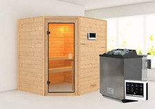 Sauna Massivholzsauna Innensauna Valida 3 Eck + 4,5 kW Bio-Ofen ext Strg. Karibu