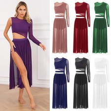 Damen Lang Ballettkleid EIN Schulter Latein Rumba Tango Tanzkleid Eiskunstlauf