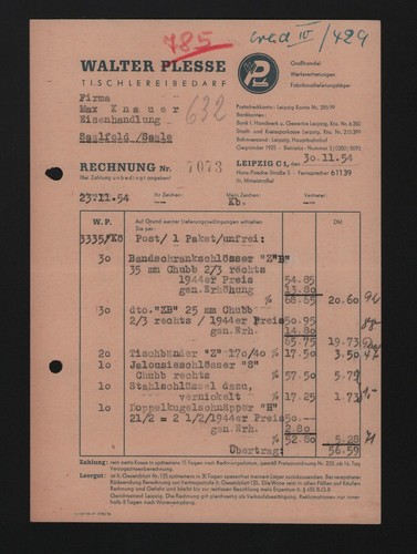 Leipzig rechnung 1954 - leipzig,, 1954,