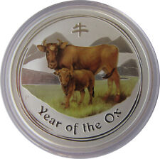 Lunar II 2009, Jahr des Ochsen, 2 OZ Feinsilber, coloriert color farbig Neuzust.