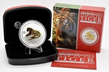 1 OZ 999 Silber Lunar II 2010 Tiger Gilded Goldapplikation in Box und CoA