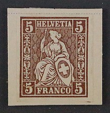 Schweiz  22 P,  Sitzende Helvetia 5 Rp. PROBEDRUCK in KUPFER auf Karton, SELTEN