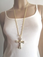 Damen Hals Kette Modekette Modeschmuck lang Gold XL Anhänger Strass Kreuz k297j8