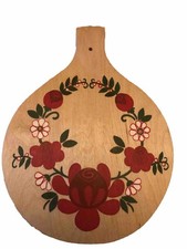 Bild Holzbrett Rote Blumen  Gemalt  Blumen Wandschmuck Küche Mohn Rose Malve DDR