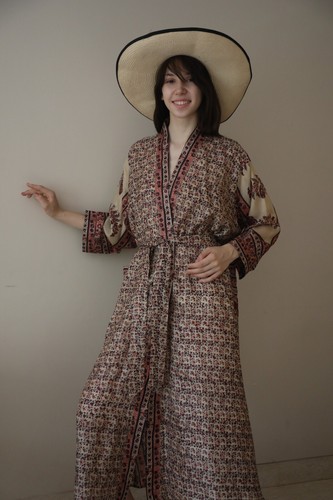 Reine seide beige kimono lang - beige,
