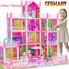 4 Etagen 11 Zimmer Puppenhaus mit Möbeln und Zubehör inkl kleine Puppe LED Licht