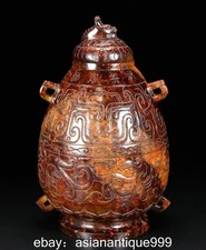 7,2" Alte Hetian Gelb Jade geschnitzt Drachen Biest Worte Muster Deckel Topf