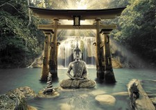 Buddha Wasserfall Wald VLIES FOTOTAPETE 3D WOHNZIMMER TAPETE WANDBILD XXL