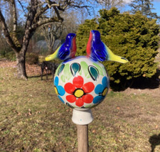 Keramik Gartenkugel 2 Vögel, Blumen, Gartendeko, Dekokugel, Handgefertigt