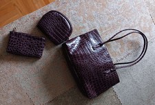 Taschenset, Tasche, Krokodilmuster, Lila, Bräunlich-Violett, Aubergine