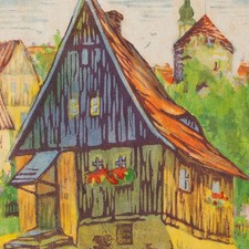 Susanne Hofmann Hagendorn Farbholzschnitt Haus Bautzen um 1920 Passepartout