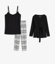 3-tlg Set Pyjama Gr. 40/42 Schwarz Damenpyjama Schlafanzug Hose Shirt Neu