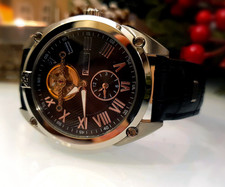 Portas PS11I-M3111-01 Automatik Open Heart 20 Jewels Leder Schwarz Herren + Box