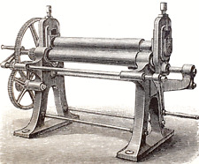 Alte Lithographie, Blechbearbeitungsmaschinen, ca. 1930, Walzwerk, Prägepresse