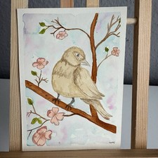 Handgemalt Aquarell Karte Bild A6 Gemälde Vogel Spatz Kirschblüte Frühling