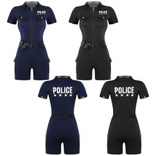 DE Damen Sexy Polizei Kostüm Polizistin Jumpsuit Kurzarm Bodysuit Halloween﻿