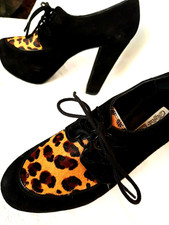 wNEU BUFFALO 37 36 Echt Leder Schwarz Leo Braun Plateau Pumps Wedges Boots nS05