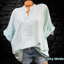 ITALY Oversized Damen Bluse Fischerhemd  Viskose hell Mint Gestreifte 40 42 44