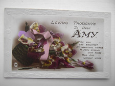 Geburtstagskarte AMY Name. RP Echtfoto mit Namen Grüße. Mädchen GB, Blumen Stiefmütterchen