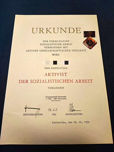 Ddr urkunde aktivist der - „aktivist,