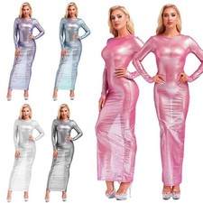 DE Damen Metallic Glänzendes Kleid Durchscheinendes Maxikleid Party Clubwear
