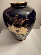 Blaue Vase mit Deckel, handbemalt, 24 K Gold
