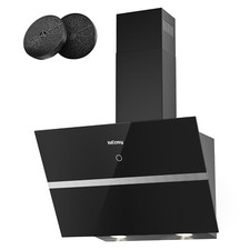 Dunstabzugshaube 60cm Kopffreie Wandhaube Edelstahl schwarzes Glas Schwar, 58 dB