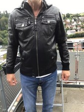 Herren - Kunstlederjacke mit Kapuze "Tom Tompson",  Größe L,  schwarz, wenig get
