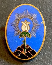 :antiker Pin Anstecknadel unbekannt- Weiße Rose im Strahlenkranz auf Hügeln (k03