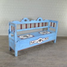 22755 Truhenbank Holzbank Blau 1,98 m Jugendstil 1910 massiv Kiefer Antik