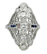 Vintage Cocktailring Diamant und blauer Saphir Navette Stil in Platin