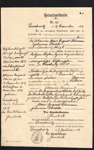 Alte geburtsurkunde 1907 - geburtsurkunde, k