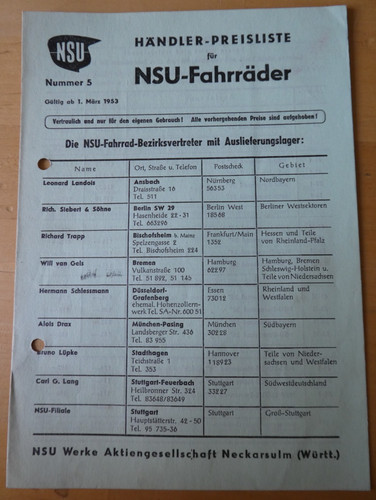 Original nsu preisliste 1953 - nsu,