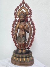 alte stehende Tara Buddha Bronze bemalt Mudra Yoga 60cm Statuette