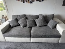 Couch Big Sofa 260cm Grau Weiß Webstoff Kunstleder Kissen