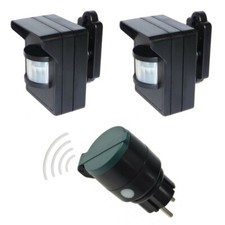 Funk Set AUßEN PIR Bewegungsmelder Batteriebetrieb Steckdose 230V Melder Switch